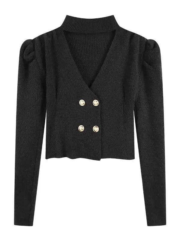 Elegant V-Neck Bubble Sleeve Knitwear Short Top Fashion Trend Neck Hanging Style Girl's French Style Slim Fit Long Sleeve Autumn