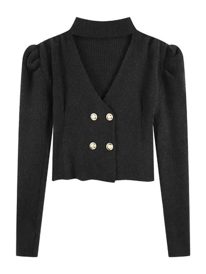 Elegant V-Neck Bubble Sleeve Knitwear Short Top Fashion Trend Neck Hanging Style Girl's French Style Slim Fit Long Sleeve Autumn