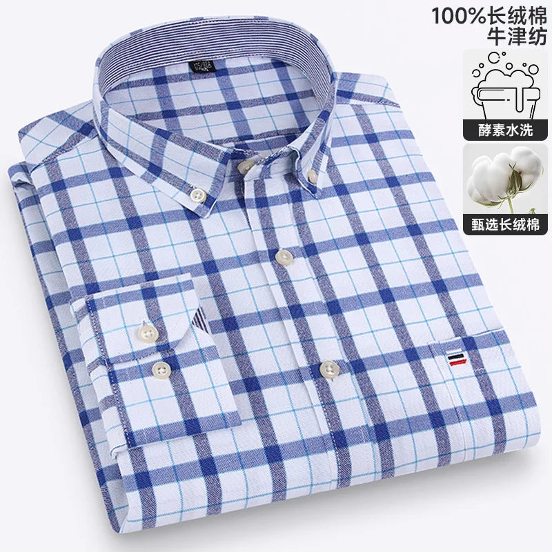 100% cotton men's long-sleeved shirt, casual plaid cotton shirt for young and middle-aged people, large size, authentic shirt