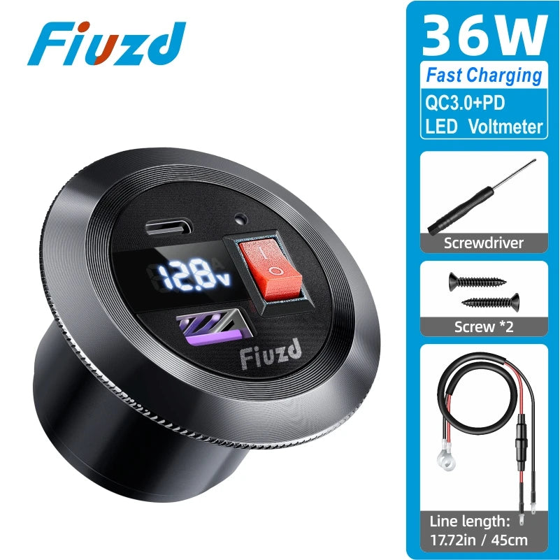 Car Charger Socket PD3.0 & QC3.0 Double USB C Ports with LED Switch 54W Fast Charging 12V/24V For Moto Adapter
