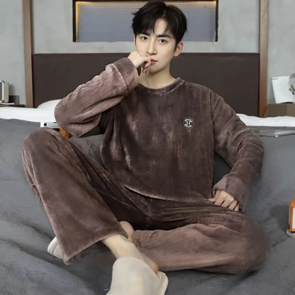 Thickened Flannel Sleepwear for Men Winter Coral Fleece Home Clothes Set Spring Autumn Winter Style Casual Loose Fit Long Sleeve