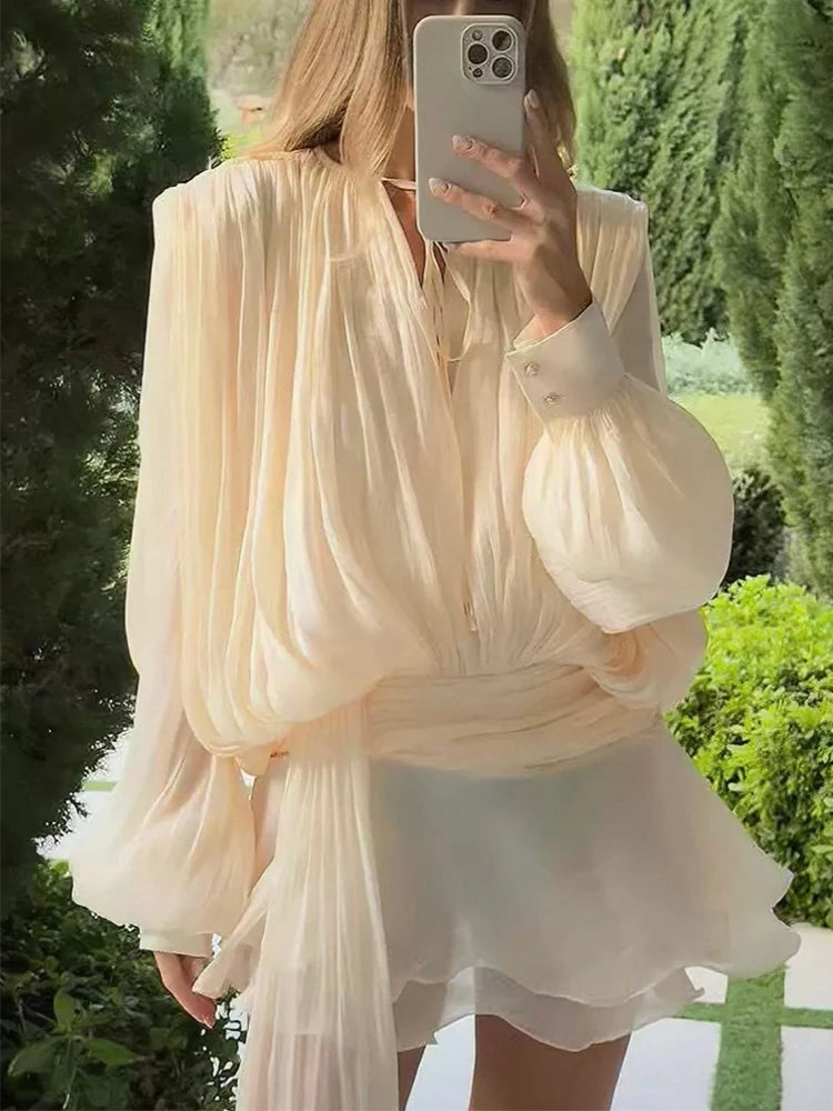 TWOTWINSTYLE Solid Blouse Mini Dresses For Women V Neck Long Sleeve Spliced Lace Up Sweet Style Dress Female Clothing Fashion