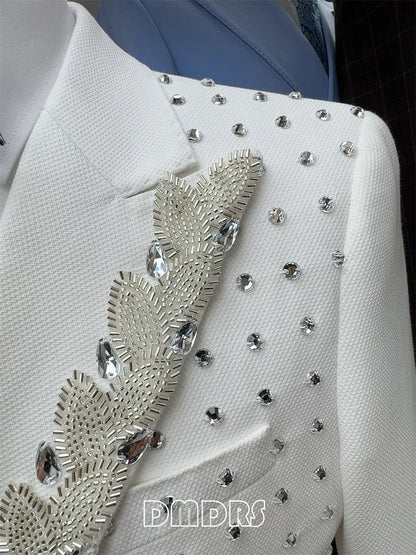 Two Pieces Formal Blazer Pants Set, Crystals Beaded Party Tuxedos Beaded Wedding Groom Suit Set, Luxurious Men's Formal Suit
