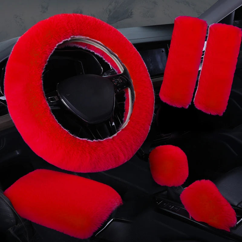 Plush Car Steering Wheel Cover 6piece Set Winter Warmth And Elastic Non Slip Handle Cover  Women's Car Interior Accessories