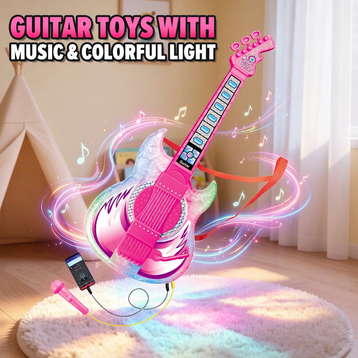 Children's Electric Multifunctional Guitar Instrument Set with Microphone and Light Music Toy - Birthday and Holiday Gifts