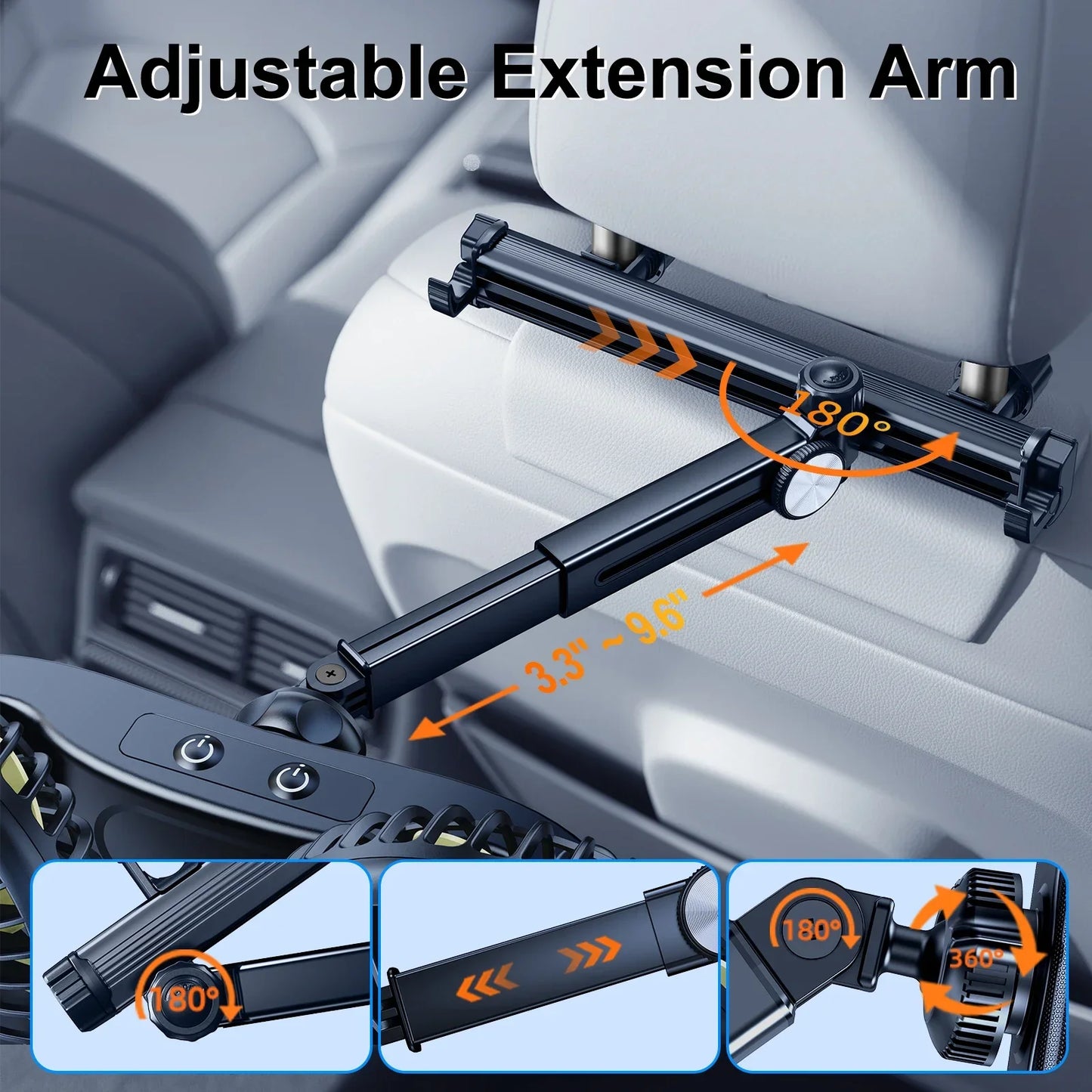 Hipacool Extension Arm Dual-Head Fan for Car Headrest 360° Rotation Air Cooling Fan Angle Adjustable 3-Speed Wind Brushless Fan