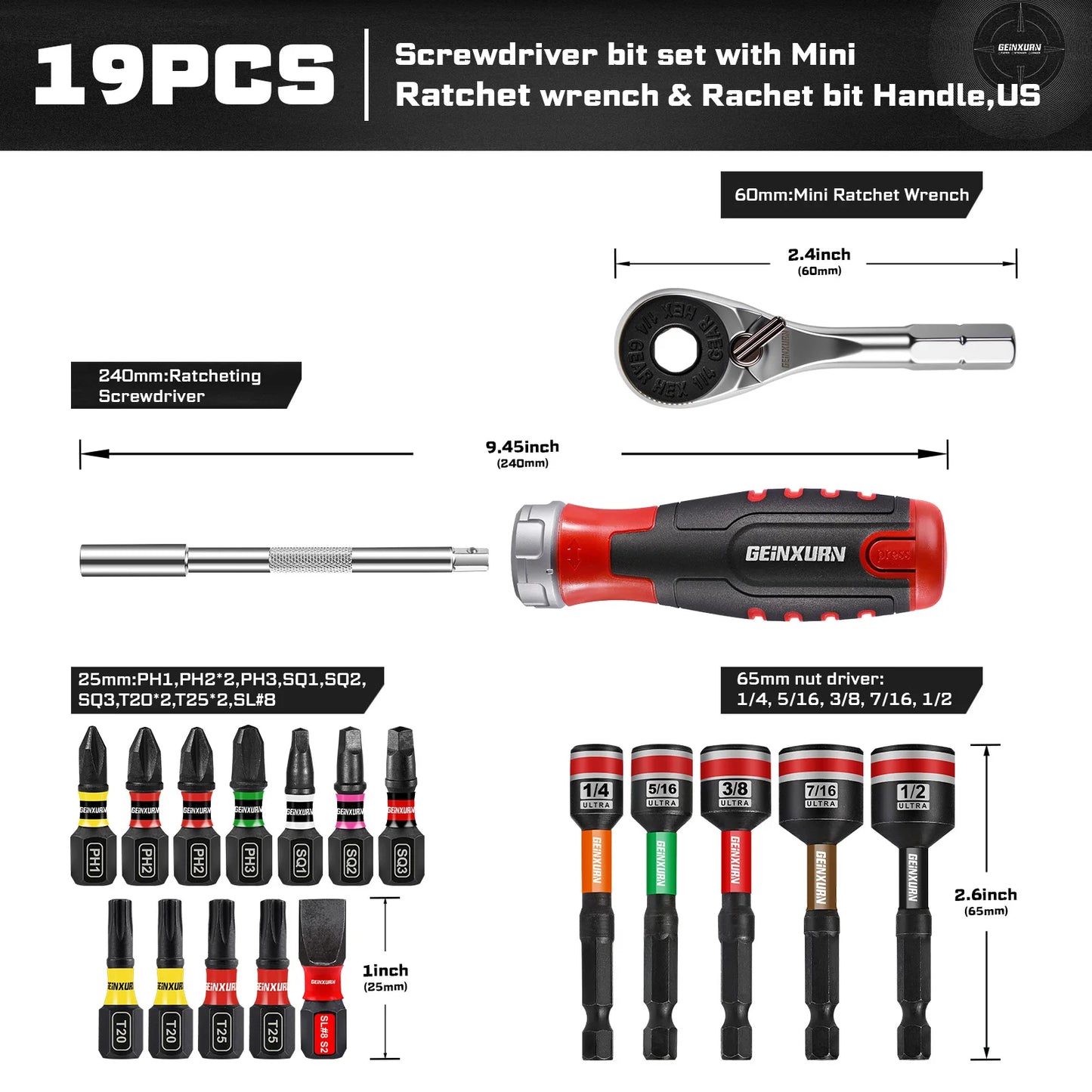 Geinxurn 19 PCS Ratcheting Screwdriver Set, Mini Rachet wrench,Rachet bit Handle and Nut Driver with Impact S2 Screwdriver Bits