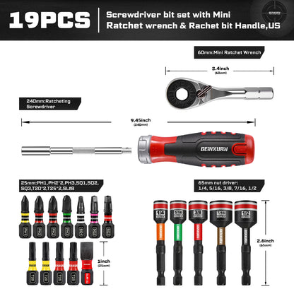 Geinxurn 19 PCS Ratcheting Screwdriver Set, Mini Rachet wrench,Rachet bit Handle and Nut Driver with Impact S2 Screwdriver Bits