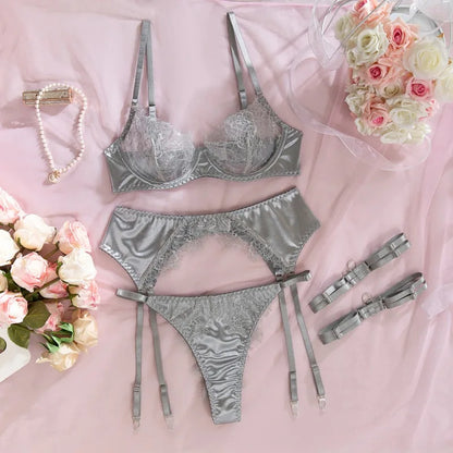 4 Pieces Women's Lingerie Sets Gorgeous French Lace Satin Patchwork Bra Belt Thong with Leg Circles Slim Sexys Hot Underwear Set