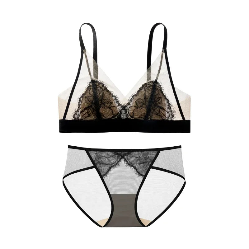 SUJIIN Women's Bra and Panty Sets Summer Seamless Wireless Lace Thin Triangle Cup Bras for Women Lingeries Sexy Hot MX292+N197