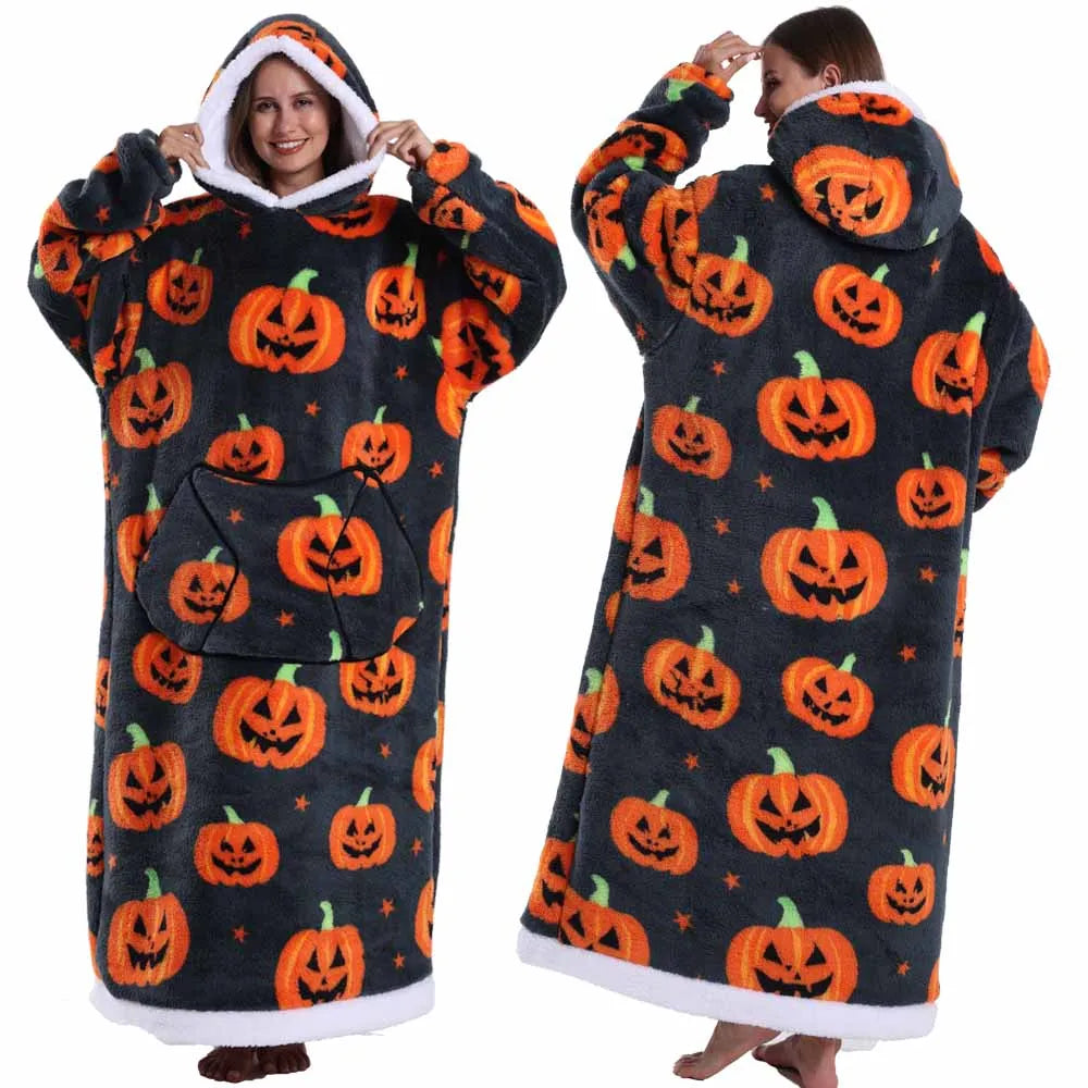 Women Hoodies Fluffy Warm Black Grey Long Sleeve Top Halloween Pumpkin Skull Ghost Hoodie Blanket Oversized Adult Winter Clothes