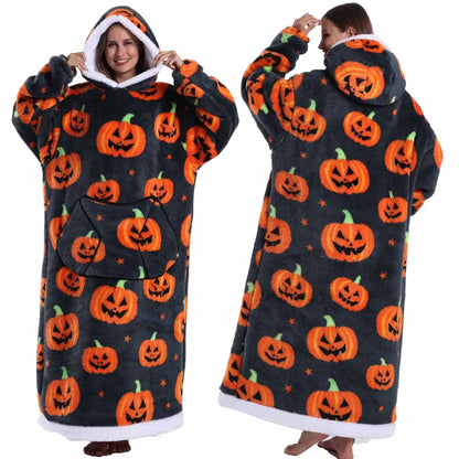 Women Hoodies Fluffy Warm Black Grey Long Sleeve Top Halloween Pumpkin Skull Ghost Hoodie Blanket Oversized Adult Winter Clothes