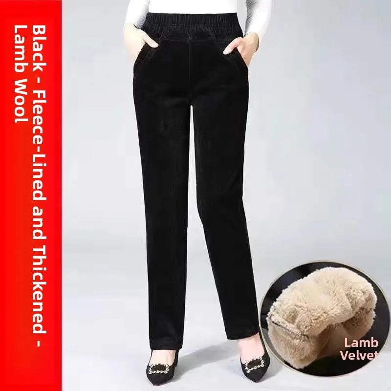 High Waist Fleece Lined Corduroy Harlan Pants Straight Leg Warm Women's Casual Trousers Autumn Winter New Arrival