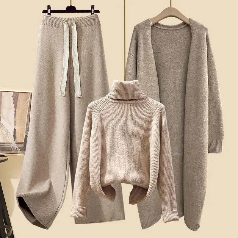 Fashionable Knitted Three-Piece Set Women's Autumn New Lazy Style Open Cardigan Outerwear Slimming Wide Leg Pants