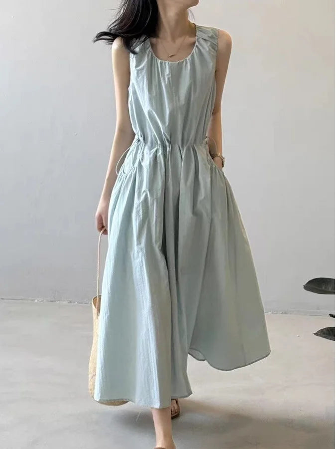Casual Korean Style Drawstring Waist Vest Dress Loose Fit Summer New Arrival Women's Dress Comfortable Cotton A-Line Skirt