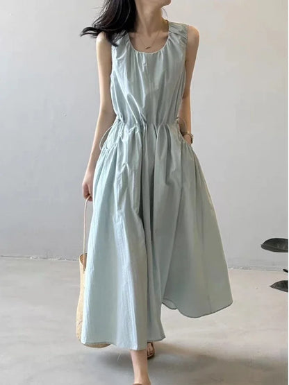 Casual Korean Style Drawstring Waist Vest Dress Loose Fit Summer New Arrival Women's Dress Comfortable Cotton A-Line Skirt