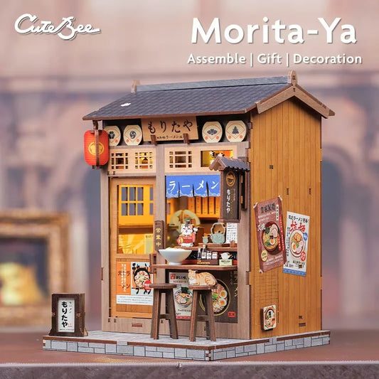 CUTEBEE Book Nook Kit DIY Doll House with LED Light Bookshelf Insert Amazing Gift for Child Morita-Ya Japanese Style