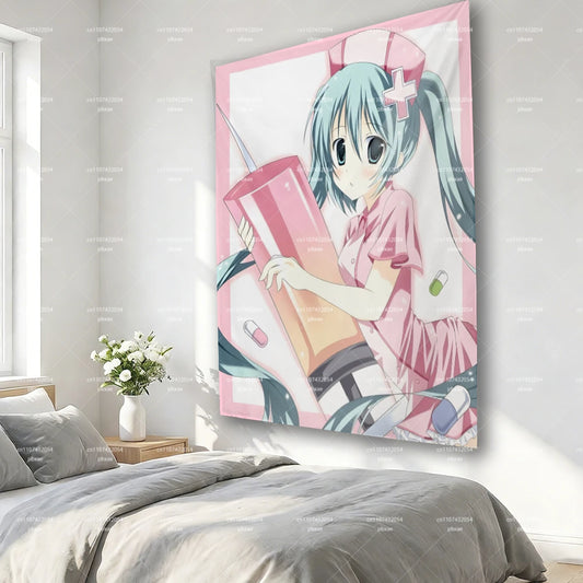Hatsune Miku Nurse Tapestry, Pink Border Syringe Pill Anime Wall Hanging Bedroom Dorm Aesthetic Decor