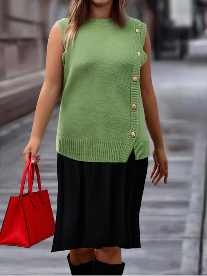 Plus Size Women Casual Solid Crew Neck Knit Tank Top, Spring Autumn All-match Wear