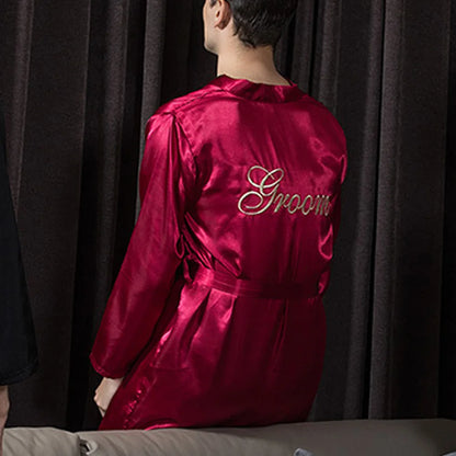 Groom Robe Embroidery Satin Soft Home Bathrobe Nightgown For Men Casual Kimono Groomsman Wedding Party Sleepwear Plus Size 3XL