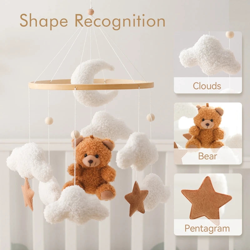 Wooden Crib Mobile Baby Bed Bell Rattle Toy Soft Felt Cartoon Bear Mobile Bracket Newborn Music Box Bed Bell Hanging Bracket Toy