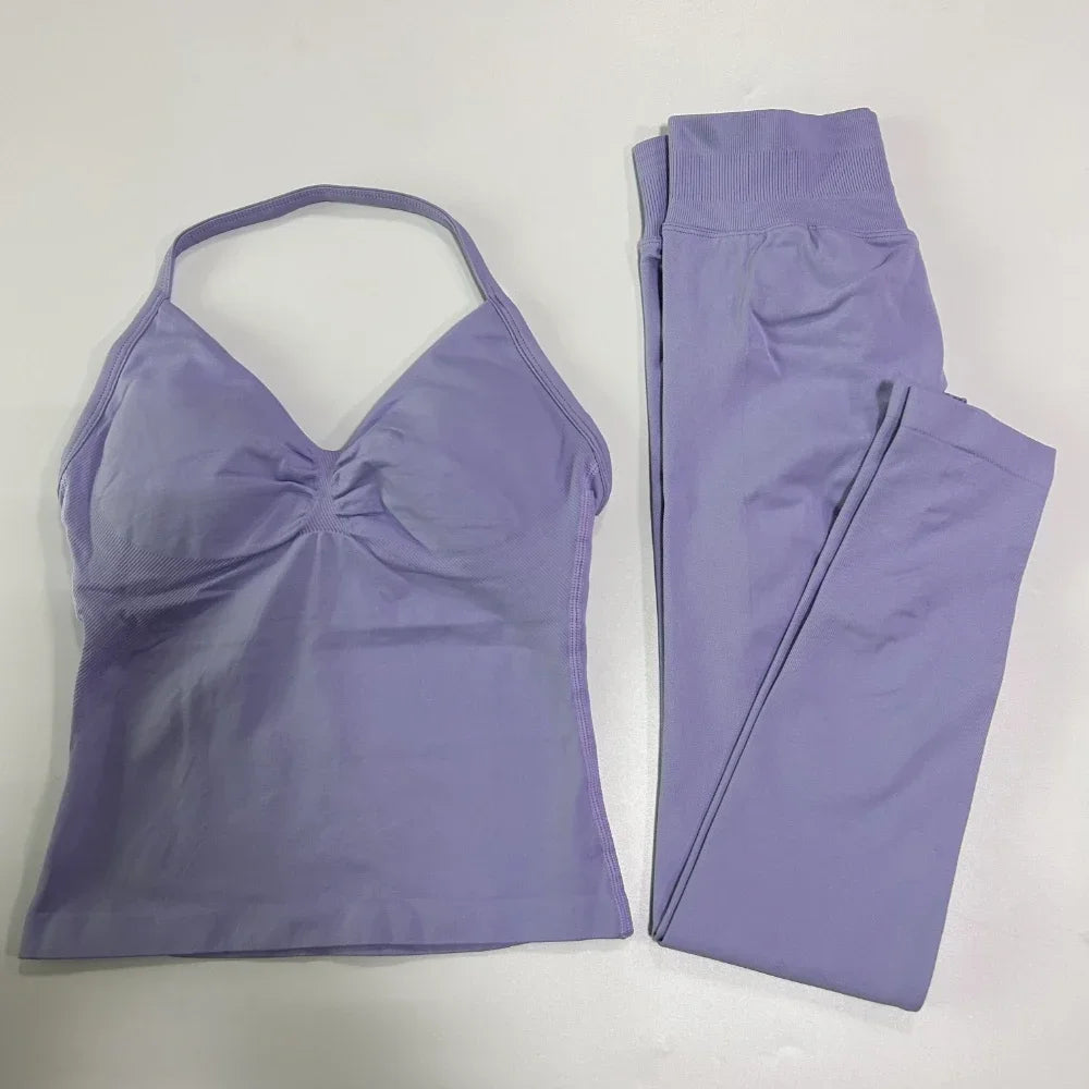 2 Pieces Sports Set Women Backless Tank Yoga Tops High Waist Scrunch Seamless Shorts Sport Gym Set Sportswear Workout Set