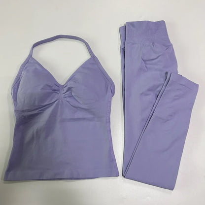 2 Pieces Sports Set Women Backless Tank Yoga Tops High Waist Scrunch Seamless Shorts Sport Gym Set Sportswear Workout Set