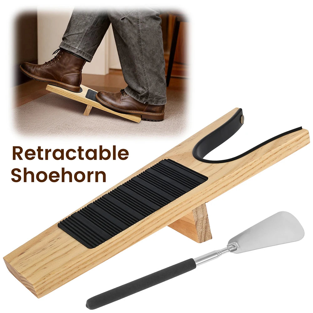 2Pcs Wooden Boot Jack and Retractable Shoe Horn Set Wellington Boot Remover with Mud Scraper Muddy Shoe Remover for Leather Boot