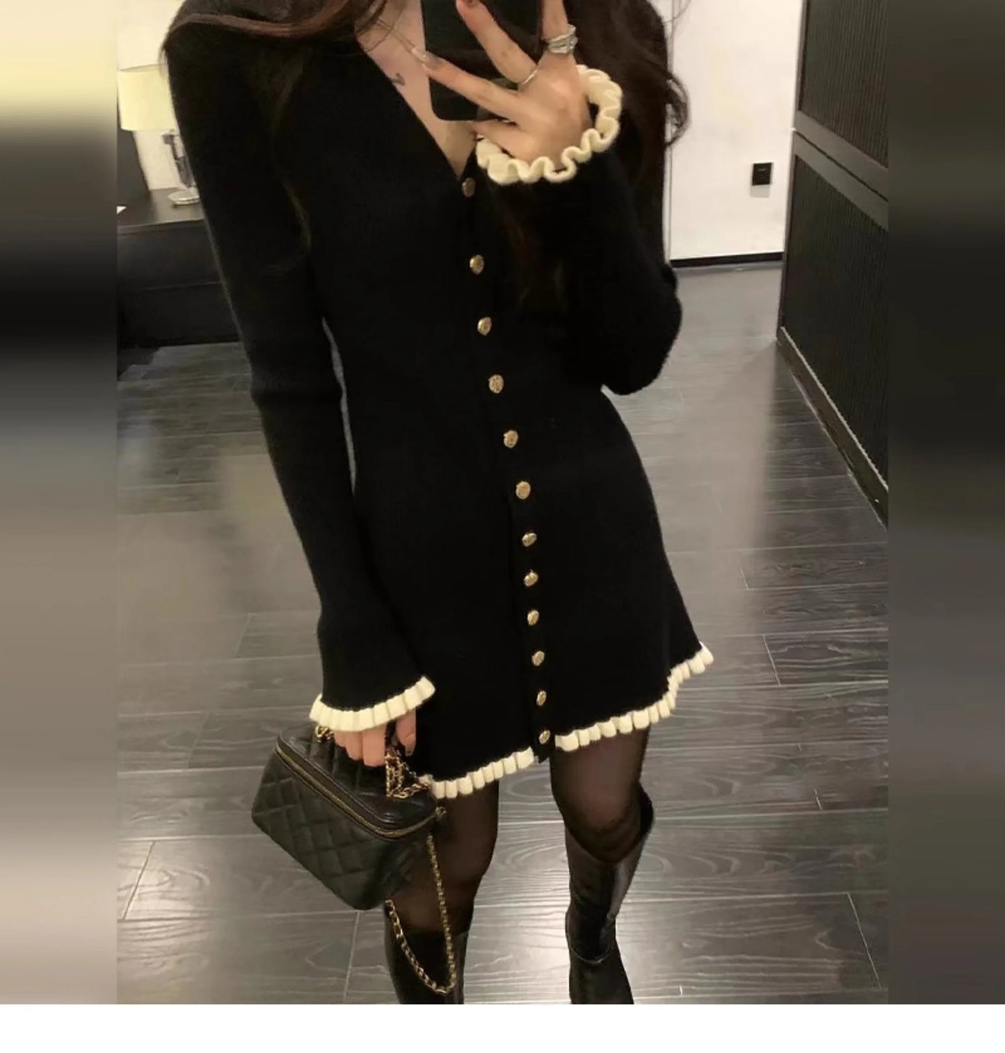 Elegant Black Knitted  Dress Women's Fashion Autumn Winter 2025 New Style High-End Feelings A-Line Skirt V-Neck Long Sleeve