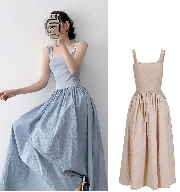 new Summer Patchwork Sleeveless Dress Vintage Female Fashion Casual Holiday Dress For Women Square Neck Long Party Dresses
