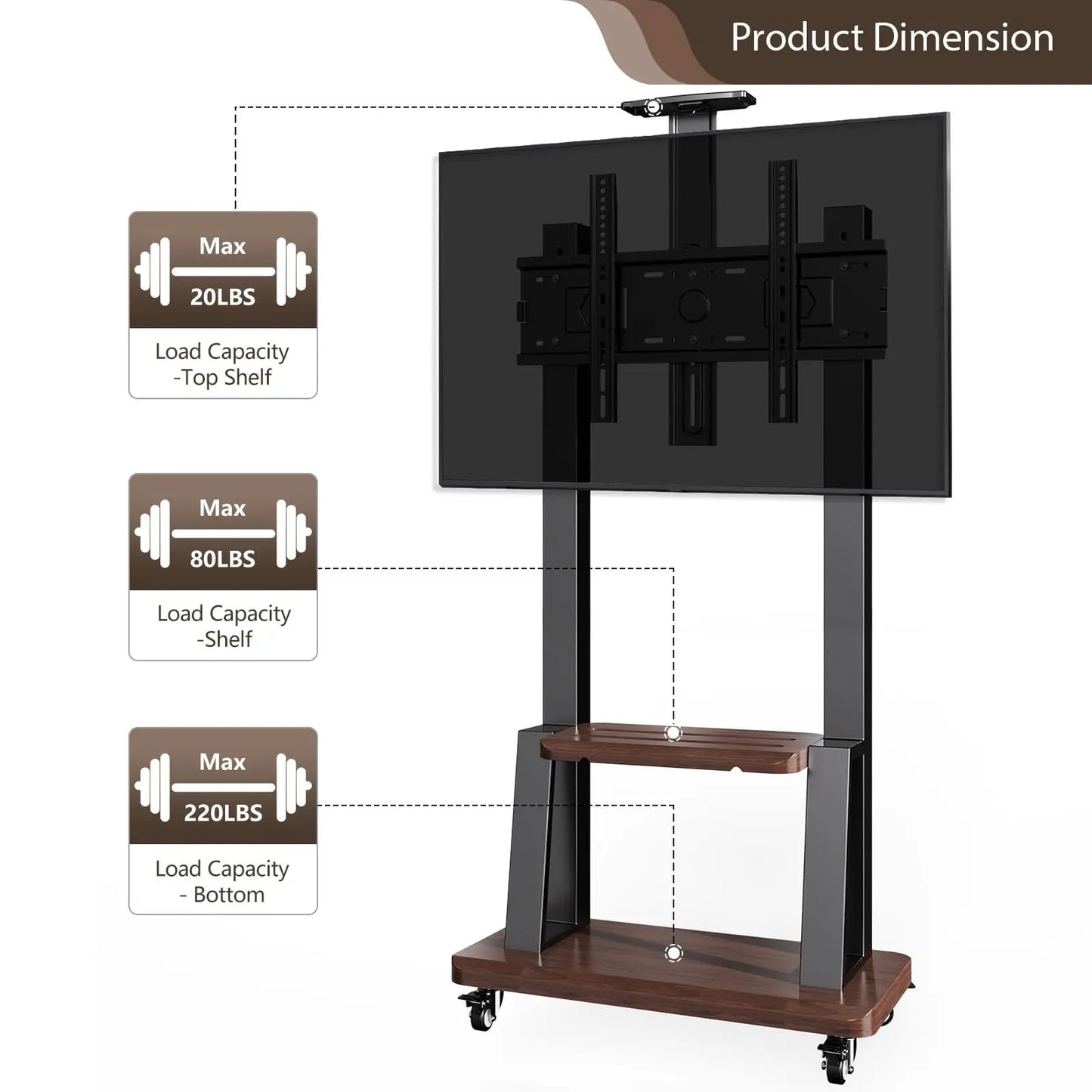 Movable Rolling Floor TV Stand with Shelf Locking Wheel, Mobile TV Cart for 32"-75"  Screens, Height Adjustable VESA 600x400mm