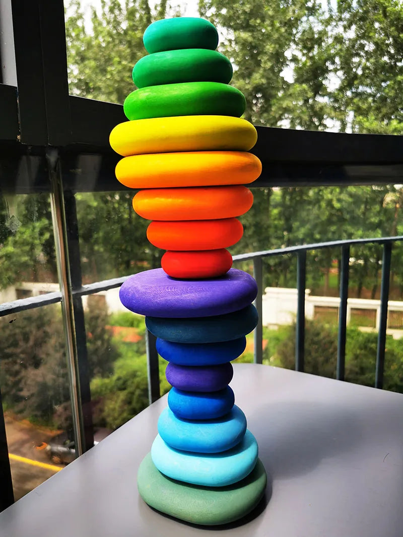Wooden Toys for Kids Rainbow River Pebbles Stones Dolls Rings Balls Building Stacking Blocks