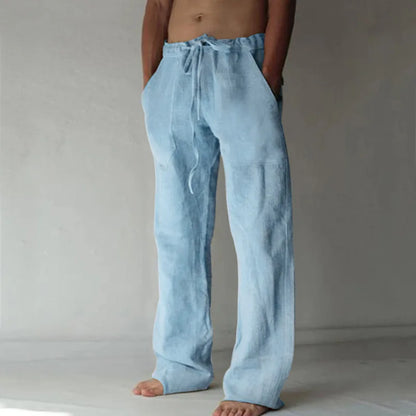 2026 New Men's Cotton Linen Pants, Elastic Waist Solid Color Straight Wide Leg Casual Trousers