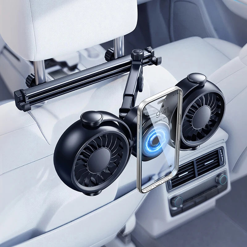 Eary Dual Head Car Rear Headrest Fan 4000mAh Rechargeable 3 Speeds 360°Rotatable Car Back Seat Fans Mount for Vehicles Suv Truck