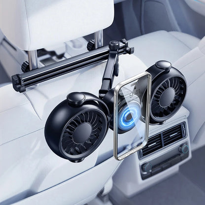 Eary Powerful Car Rear Seat Fan Dual Head 4000mAh 3 Speeds Wind 360°Car Back Headrest Fas With Magnetic Phone Holder Hidden Hook