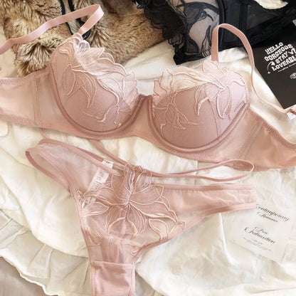 2 Pcs Sexy Lace Flowers Embroidery Underwear Set for Women Thin Cup Push Up Bra French Hollow Waist Bandage Thongs Lingerie Set