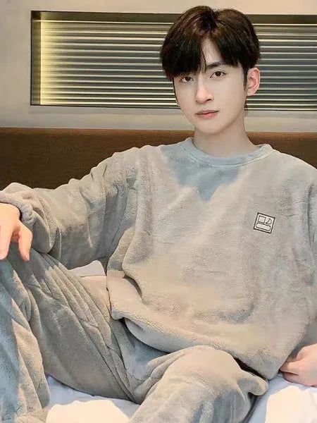 Men's Warm Coral Fleece Pajamas Winter Set Spring Autumn Winter Style Oversize Loose Fit Home Clothes Teenager Comfortable Sl...
