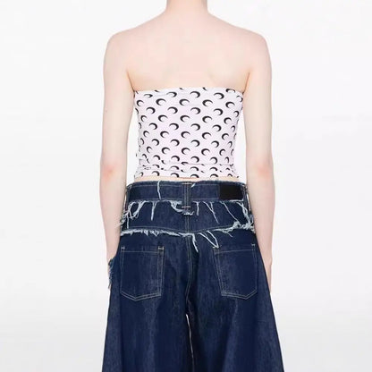New Fashion Moon Print Sexy Short Crop Top Women's Summer Korean Style Leisure Streetwear Sweet Strapless Slim Fit Blouse