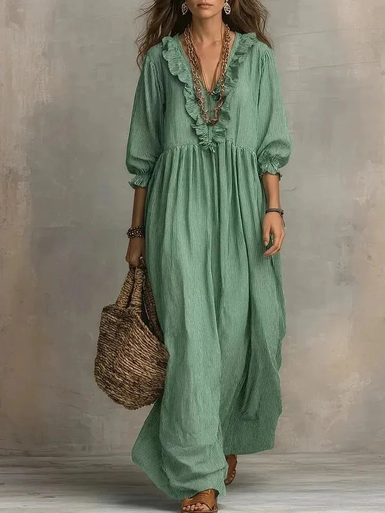 2026 New European and American Independent Website Striped Ruffled Loose High-Waisted V-Neck Fashion Casual Dress