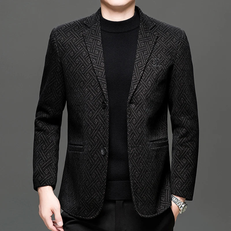 Autumn Winter Men Elegant Padded Blazers Coffee Navy Personality Pattern Suit Jackets Male Slim Fit Tailored Outfits Garments