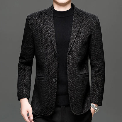 Autumn Winter Men Elegant Padded Blazers Coffee Navy Personality Pattern Suit Jackets Male Slim Fit Tailored Outfits Garments