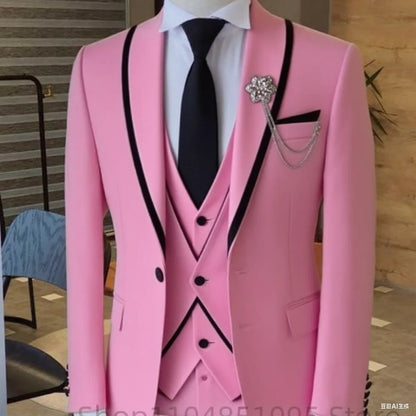 Men's Solid Slim Fit 3-Piece Business Suit Set with Blazer Vest And Pants for Wedding Party Luxury Fashion Tuxedo