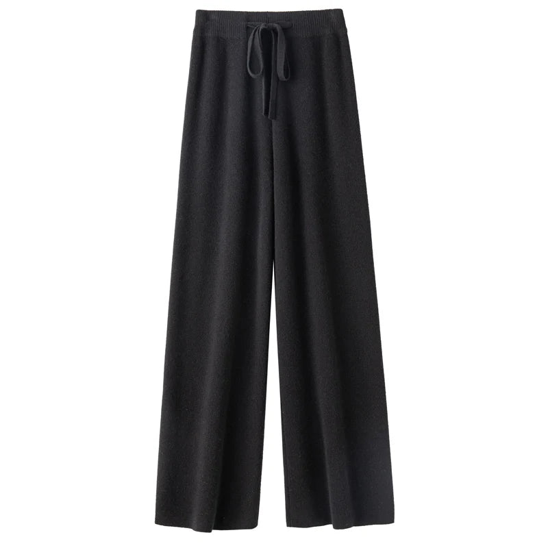 High Waist Wool Knitted Wide Leg Pants Women's Outerwear Autumn Winter Thickened Floor-Length Straight Cut Casual Trousers