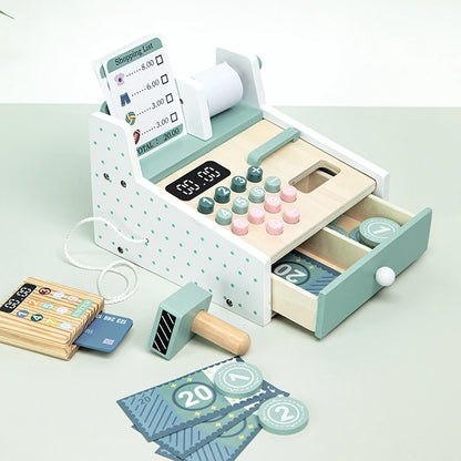 Wooden Simulated Cash Register Pretend Play Toy with Toy Coins and Bills Children Shopping Play House Game for Kids 3 Years Gift