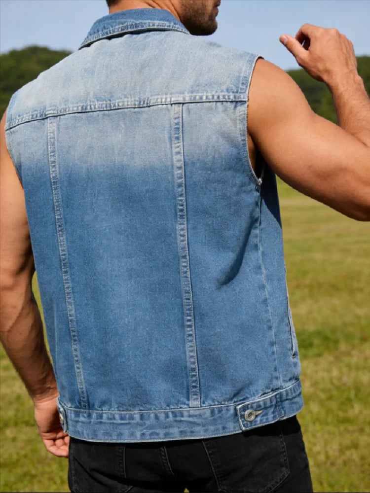 New Men's Retro Washed Denim Vest Lapel Single-Breasted Sleeveless Jacket Vintage Casual Streetwear Top for Men
