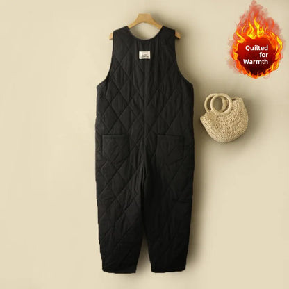 Warm Cotton Lined Pants Large Size Women's Clothing Anti-Aging One-Piece Suit Sleeveless Buckle round Neck Overall Pants