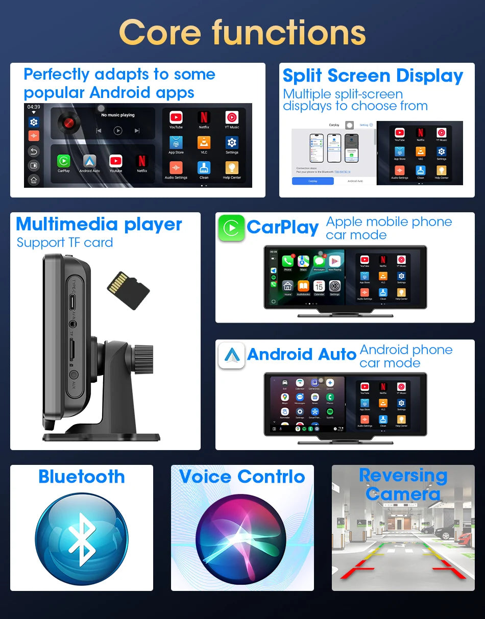 Srnubi 10.26" Car Play Screen Android WIFI Car Multimedia Player Wireless Carplay Android Auto Car Screen for YouTube Netflix