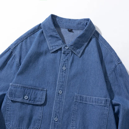 Loose Denim Shirt Men's Autumn New Washed Dark Blue Japanese Fashion Pocket Design Long Sleeve Jean Shirts Male Clothes