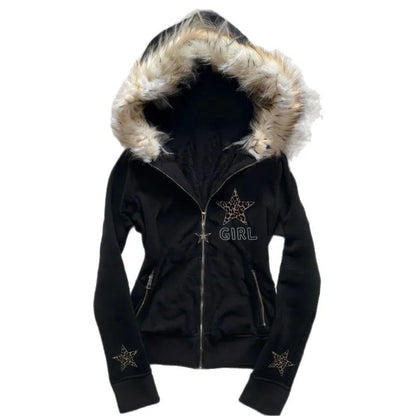 Retro autumn and winter subculture black leopard print star hooded fleece collar zipper sweatshirt Y2K hoodie