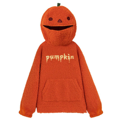 2025 Autumn Pumpkin Hoodies Halloween Party Pumpkin Head Lamb Fleece Women Hooded Sweatshirt Embroidery Thicken Streetwear